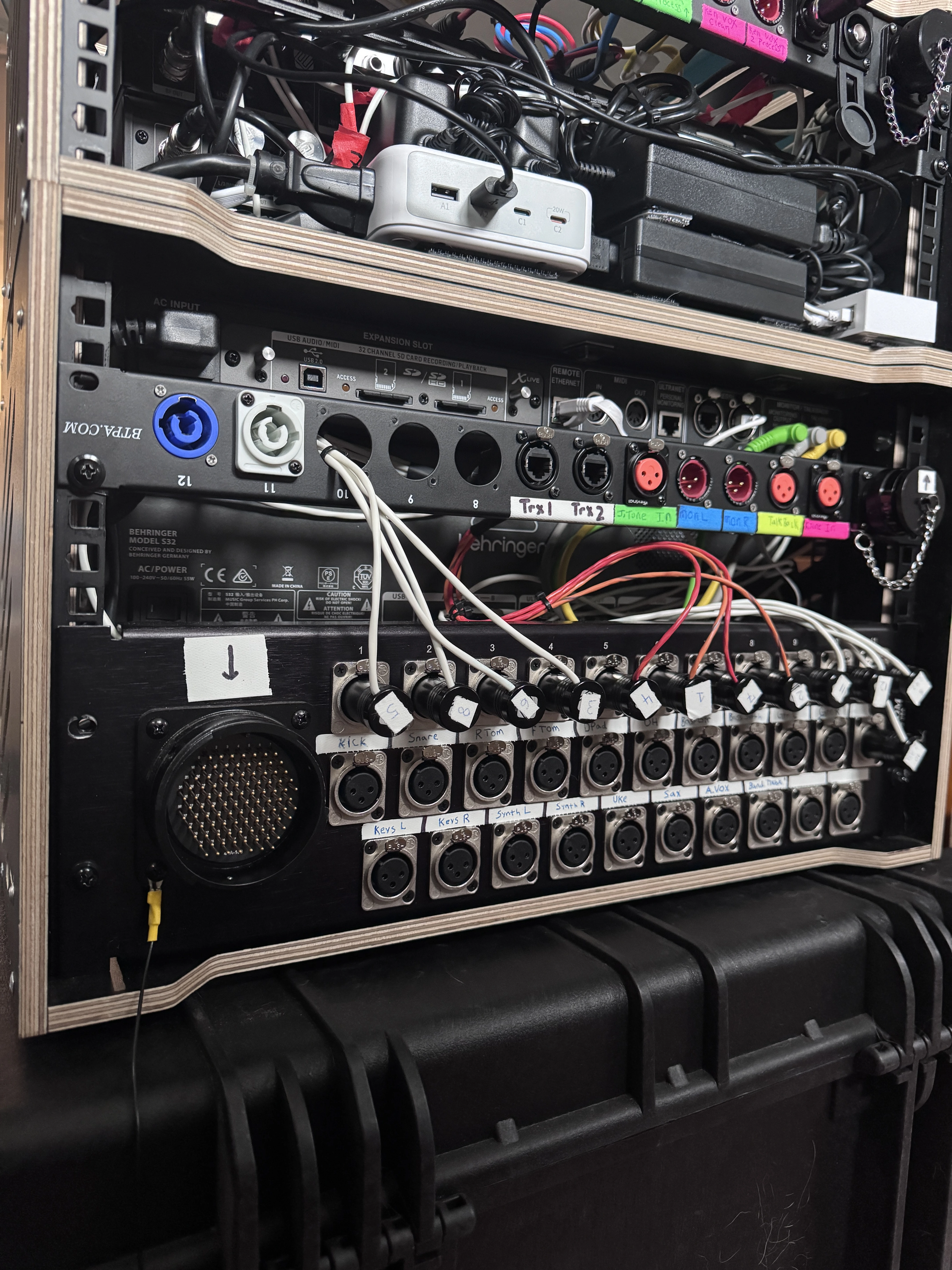 32-channel multipin output on the band rig — single trunk to FOH