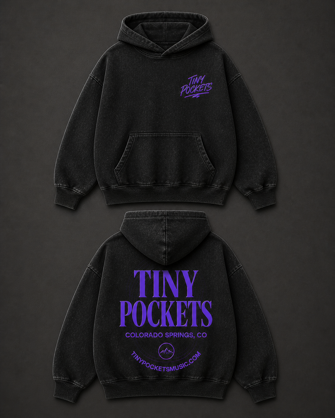 Tiny Pockets pullover hoodie — front and back