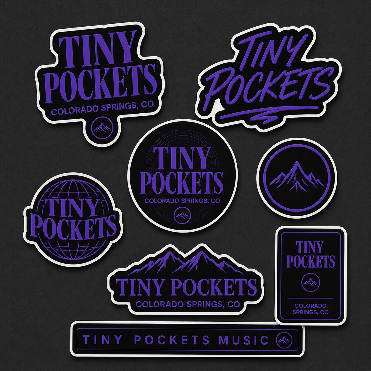Tiny Pockets sticker pack — six die-cut neon purple stickers