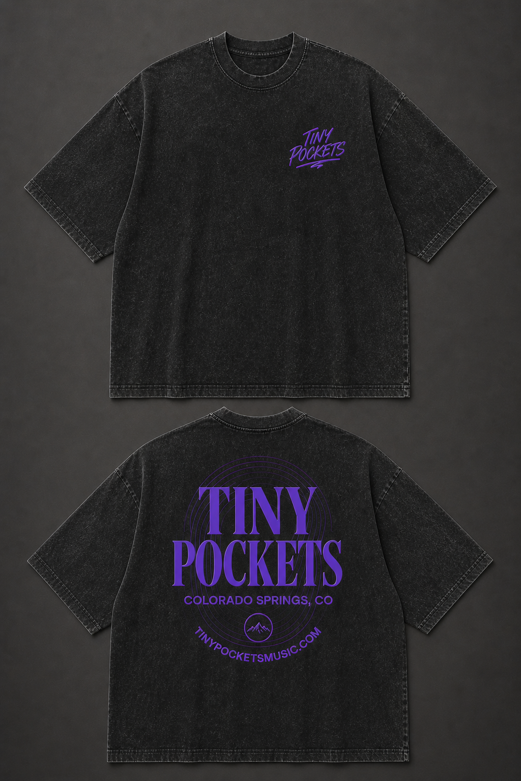 Tiny Pockets wordmark tee — front and back